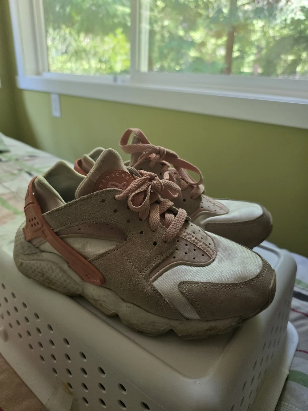 Nike Women's Huarache Athletic Sneakers in Beige, White & Coral - Picture 2 of 5